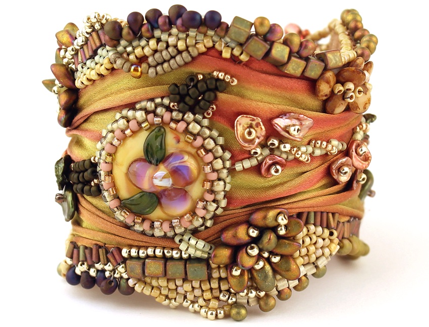 Sheila Davis Lampwork Beads on Embroidered Bracelet
